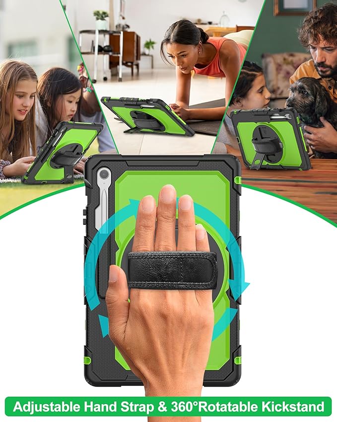 Case for Samsung Galaxy Tab S10 FE Plus 5G Tablet 13.1'' Shockproof Protective Cover with Tempered Glass Screen Protector Rotatable Kickstand S Pen Holder Hand/Shoulder Strap Green