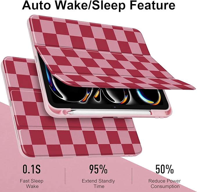 TWOLSKOO Case for iPad Pro 11-inch (M5 2025 / M4 2024) Clear Acrylic Back with TPU Bumper Pencil Holder Trifold Stand Auto Sleep/Wake Pink Checkerboard