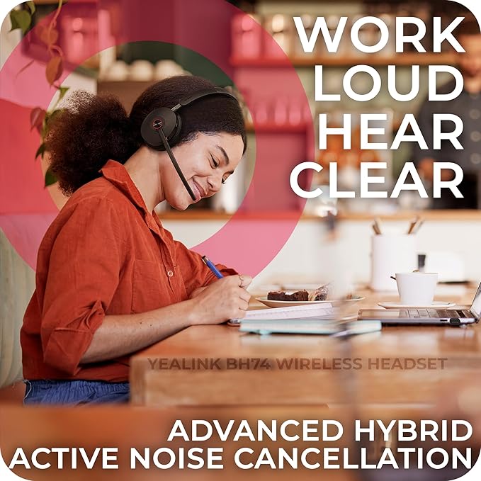 BH74 Yealink Headset Bluetooth Wireless On-ear Teams/Zoom Certified Compatible with Poly Cisco Avaya Mitel phones Acoustic Shield Mic &amp Hybrid ANC Long Battery Ideal for Office &amp Remot