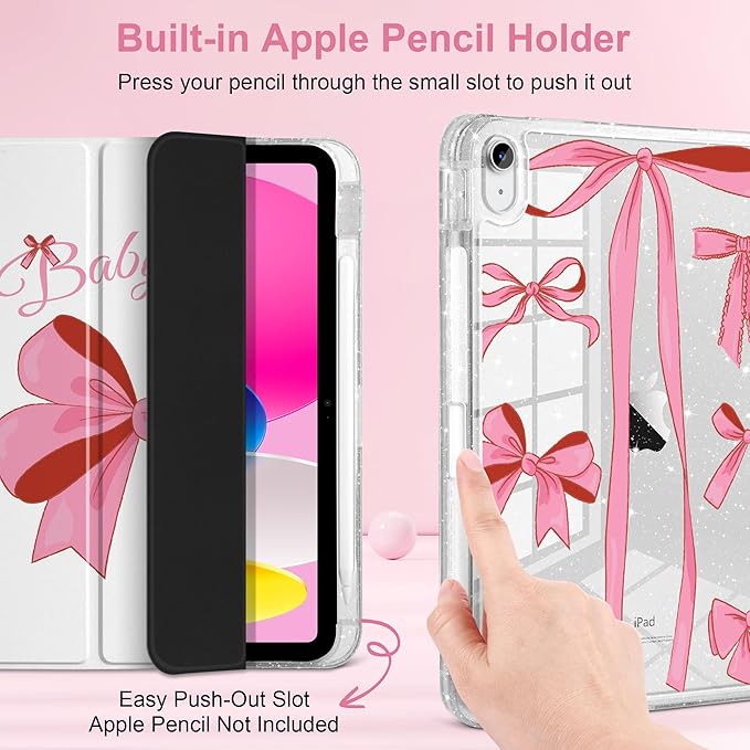 MEEgoodo Case for iPad A16 11th Generation 2025/10th Generation 2022 Glitter Tablet Cases with Transparent Acrylic Back+Trifold Stand +Pencil Holder+Auto Wake/SleepPink Girly Vintage Bows
