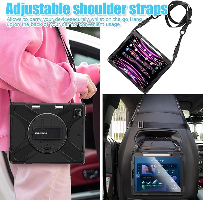 BRAECNstock for Apple iPad Air 13 inch (M4/M3/M2)/ iPad Pro 12.9 inch 6th/5th/4th/3rd Gen Case Shockproof Protective iPad Kids Case with Pen Holder Rotating Stand &amp Hand Strap Shoulder Strap B