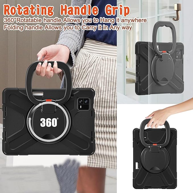 Rugged Tablet Case for Pad 6 6 Pro Tablet Cover with Stand Slim Folding Stand Cover for Pad 6 6 Pro 360° Rotation Removable Shoulder Strap (Black)
