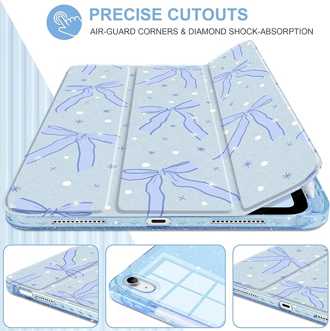 MEEgoodo Case for iPad A16 11th Generation 2025/10th Generation 2022 Glitter Tablet Cases with Transparent Acrylic Back+Trifold Stand +Pencil Holder+Auto Wake/SleepBlue Bow &amp Polka Dots