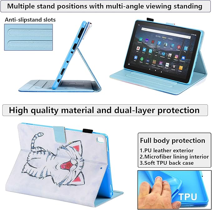 Kindle Fire HD 10 Tablet Case 9th and 7th Generation with Pencil Cards Holder UUcovers Smart Folio Stand Synthetic Leather Cover [Auto Wake/Sleep] for Amazon Fire HD 10.1 Inch 2019/2017 Cute Cat
