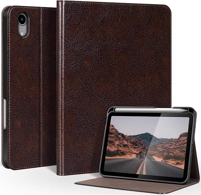 Genuine Leather Case for iPad mini 7th/6th Gen 8.3 inch Premium Folio Cover with Pencil Holder Auto Wake/Sleep &amp Adjustable StandWear-Resistant Protective Case - Vintage Mocha Brown