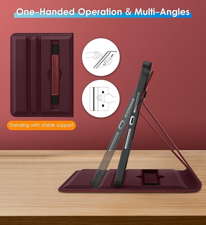DTTO Rotating Case for iPad 9th/8th/7th Generation 10.2 Inch 2021/2020/2019 360 Degree Swiveling Premium Leather Folio Stand Cover with Pencil Holder - Auto Wake/Sleep and Hand Strap Burgundy Red