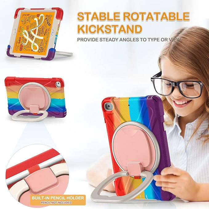 BRAECN for iPad Mini 5 Case iPad Mini 4 Case Rugged Silicone Cover with Shoulder Strap Pencil Holder Swivel Hand Grip Kickstand for Kids iPad Mini 5th/4th Generation 7.9’’ 2019/2015 Colorful Red