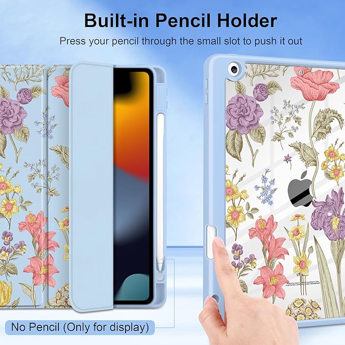 DONGKE for iPad 9th/8th/7th Generation Case 10.2 Inch (2021/2020/2019) [Auto Sleep/Wake &amp Pencil Holder] Clear Acrylic Back Trifold Stand Cover Blue Botanical Floral