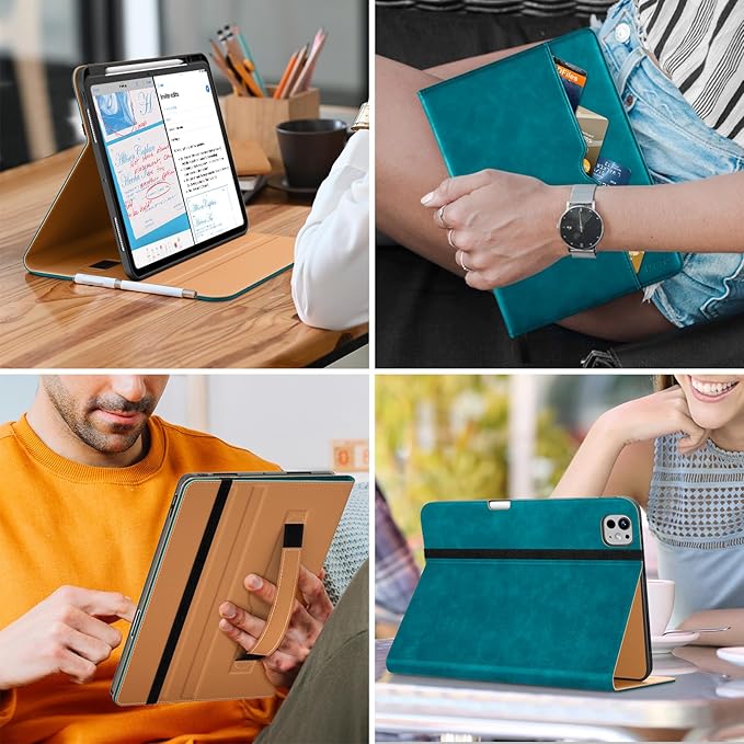 DTTO for iPad Pro 13 inch Case (M5/M4) 2025/2024 Premium Leather Business Folio Stand Cover with Pencil Holder - Auto Wake/Sleep &amp Multiple Viewing Angles Built in Hand Strap &amp Pocket Teal