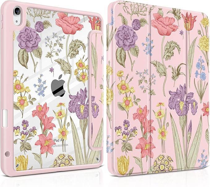 DONGKE Case for iPad Air 11-inch M4 2026 &amp M3 2025 &amp M2 2024 iPad Air 5th/4th Generation 10.9 2022/2020 [Built-in Pencil Holder] Clear Acrylic Back Trifold Stand Smart Cover Pink Botanical