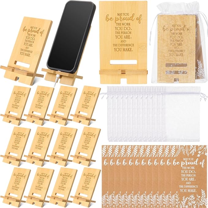 Novabright 12 Sets Employee Appreciation Gifts Bulk Bamboo Wooden Phone Stand for Desk with Greeting Cards Organza Bags Thank You Gifts for Coworkers Nurse Teacher Staff Office