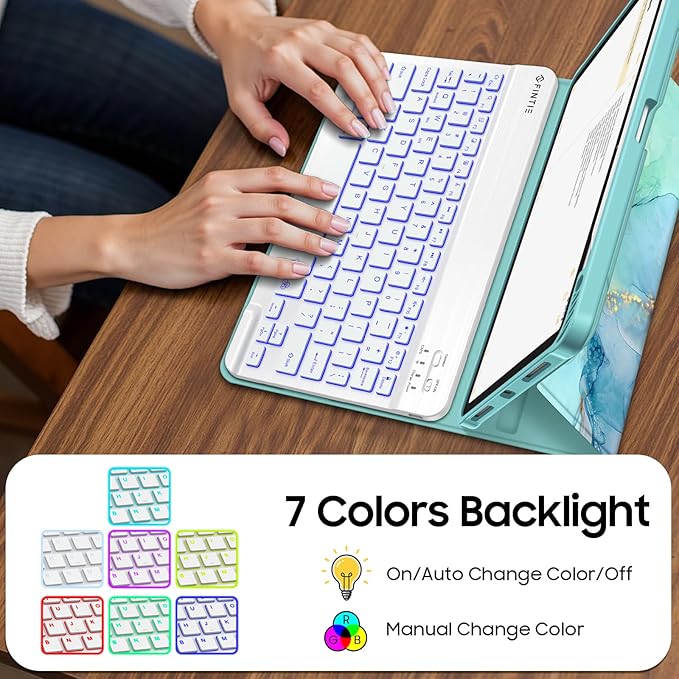 Fintie Backlit Keyboard Case for iPad Air 11-inch M4/M3/M2 (2026/2025/2024) iPad Air 5th/4th Gen 10.9 Inch - Soft TPU Cover with 7 Color Backlight Detachable Bluetooth Keyboard Emerald Marble