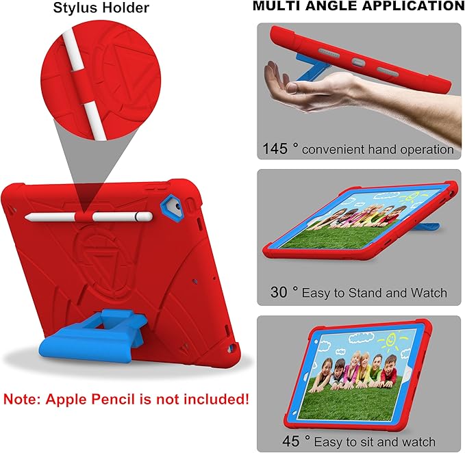 Case for iPad 9th/8th/7th Generation 10.2 inch Heavy Shockproof Cover with Screen Protector/180° Rotating Handle/Bracket/Pen Holder/Shoulder Strap Kids Case for 2021/2020/2019 (D-Red+Blue)