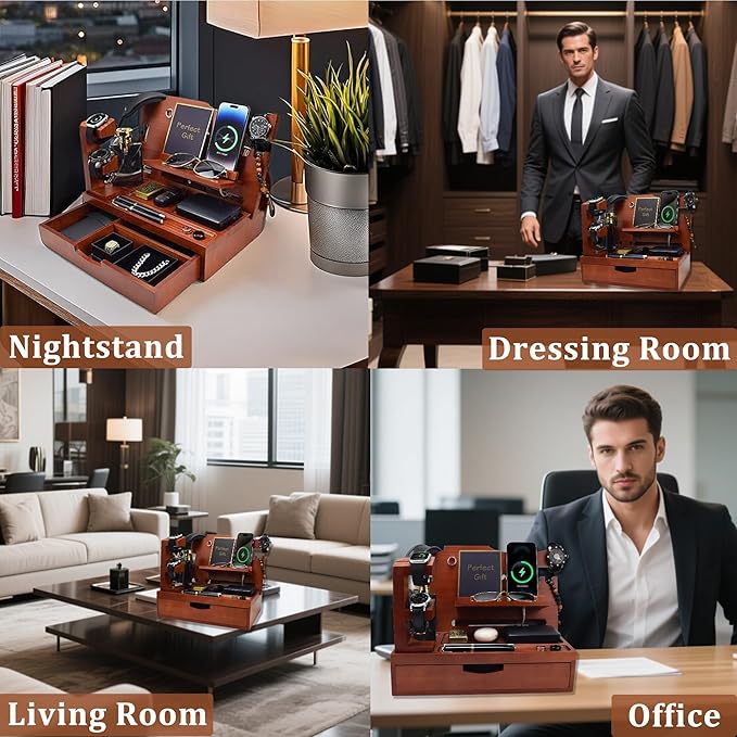 Nightstand Organizer for Men with Large Drawer Wood Phone Docking Station for Phone Apple Watch Wallet &amp Keys Ideal Birthday Gift for Father Husband Bedside Desk Organizer (Walnut)