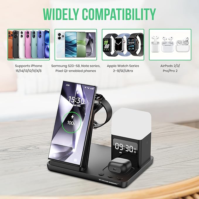 Wireless Charger 6 in 1 Wireless Charging Station for Cell Phone Wireless iPhone 15/14/13/12/11/X/8 Samsung Galaxy S23–S8 Pixel Apple Watch Series 2–9/SE/Ultra AirPods Pro – Fast Qi Charger