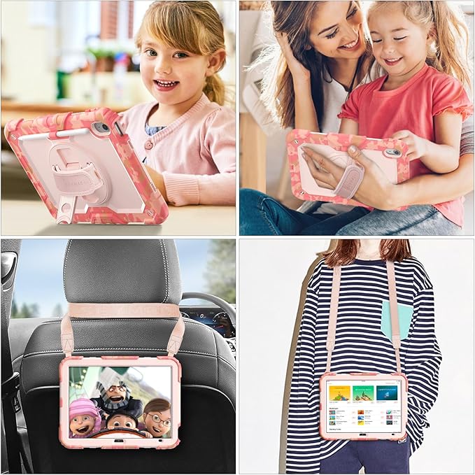 SEYMAC stock Case for iPad (A16) 11th/10th Generation 11''/10.9'' 2025/2022 Full-Body Drop Protection Case with Screen Protector &amp360° Rotate Hand Strap/Stand Camo Pink
