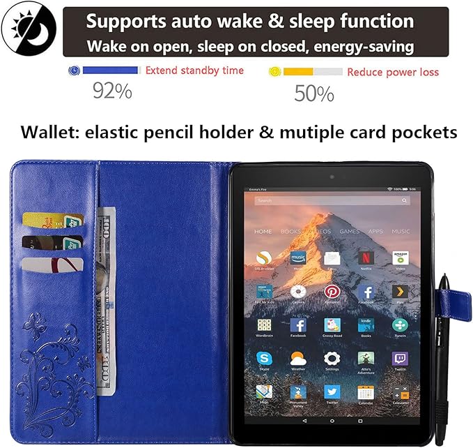for Kindle Fire HD 10 &amp HD 10 Plus Case 13th/11th Generation 10.1 (2023/2021) Stand Embossed PU Leather Magnetic Wallet Cover with Pencil Holder/Pockets [Auto Wake/Sleep] Blue Butterfly