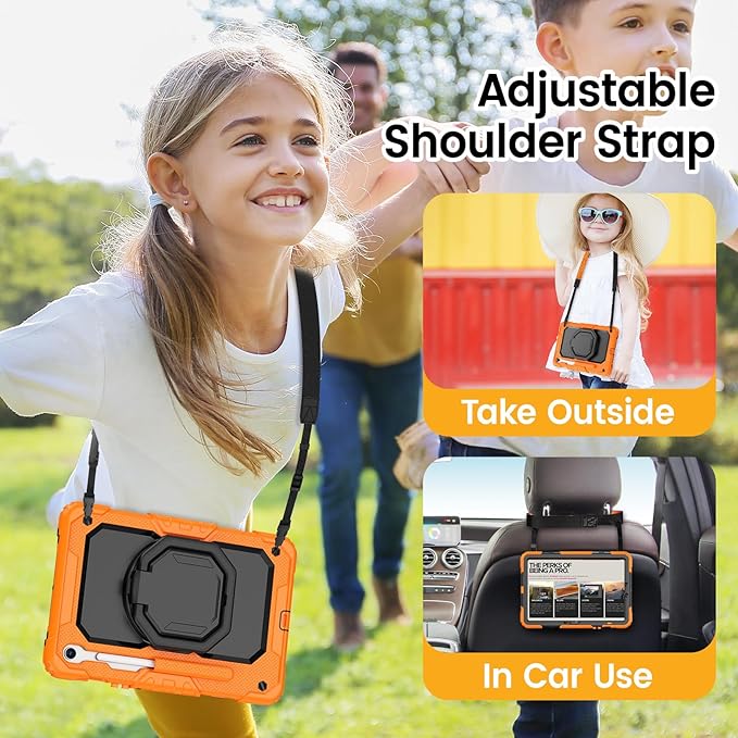 HXCASEAC Case for Galaxy Tab S10 lite / S10 FE / S9 FE 10.9 Inch Shockproof | 360° Rotating Stand | S Pen Holder | Screen Protector | Shoulder Strap | Samaung S10 Lite Tablet Case Kids Orange