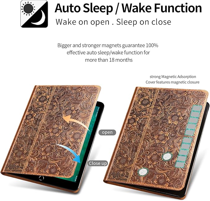 Gexmil Leather Case for iPad 10.2 Inch iPad 9th/8th/7th GenCowhide Folio Cover for iPad 2021/2020/2019 Genuine Leather case Auto Wake/SleepAdjustable StandFloral Brown