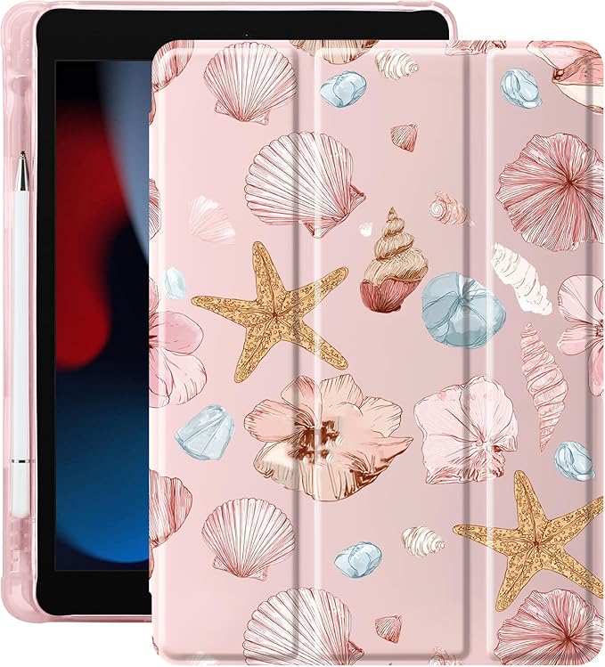 Idocolors Case for iPad 11 inch (A16 Chip) 2025 Generation 11th / iPad 10.9 inch 2022 10th Gen Built-in Pencil Holder with Soft TPU Shockproof Back Shell Auto Wake/Sleep Conch-Pink
