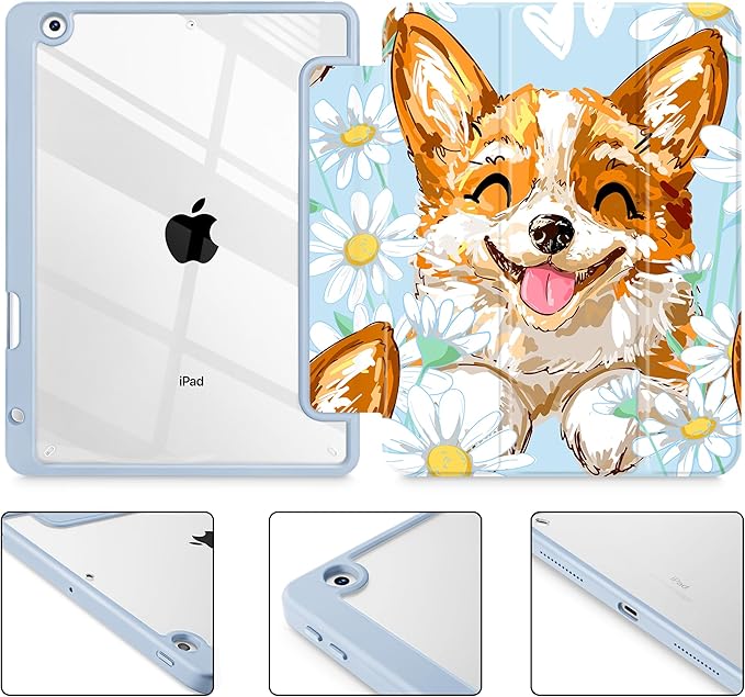 for iPad 9th Generation with Pencil Holder iPad 8th/7th Gen Case 10.2-inch [Built in Pencil Holder] Trifold Stand Auto Wake/Sleep Clear TPU Protection Back Cover Cute Corgi Dog