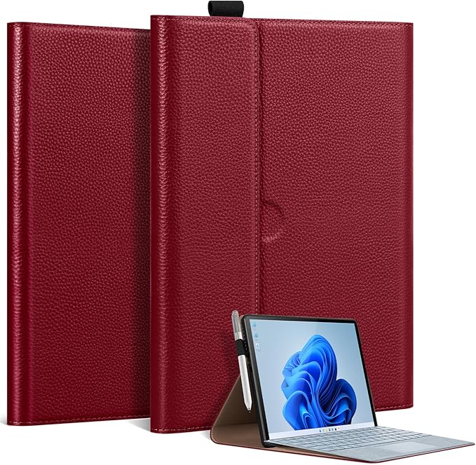 Genuine Leather Case for 13 inch Microsoft Surface Pro 11/10/9 | Slim Protective Cover with Adjustable Stand Auto Wake/Sleep Premium Leather | Wine Red