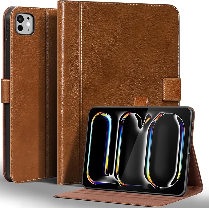 Gexmil Leather Case for iPad Pro 11 Inch (M5/M4) 2025/2024 with Magnetic Closure Adjustable StandProtective Shockproof Leather Smart Folio Cover Auto Sleep/Wake Anti-SlipYellow Brown