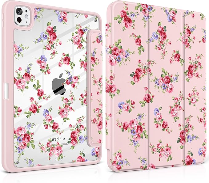 Case for iPad Pro 13 inch (M5) 2025 (M4) 2024 Release Slim Lightweight Cute Light Pink Cover with Clear Back TPU Edge Pencil Holder Trifold Stand Elegant Rose
