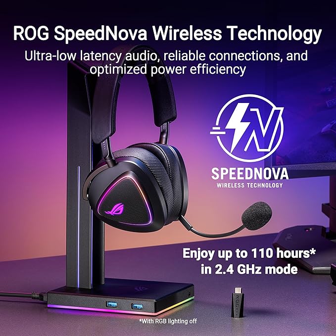 ASUS ROG Delta II Wireless Gaming Headset with Detachable Mic – Tri-Mode (BT 2.4GHz 3.5mm) 50mm Titanium-Plated Drivers 110Hr Battery Lightweight for PC PS5 PS4 Xbox Switch Mobile - Black
