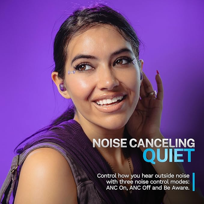 JLab Go Pop ANC True Wireless Earbuds &amp Charging Case Transparent Purple Active Noise Cancelling 10mm Drivers Dual Connect Customize Your Sound with App Be Aware Mode MEMS Microphone