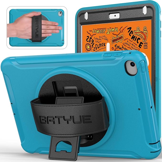 BATYUE for iPad mini 5/4 7.9 Inch Case (2019/2015) Shockproof Cover with 360° Kickstand &amp Pencil Holder Comfortable Leather Hand Strap for Easy Grip - Light Blue