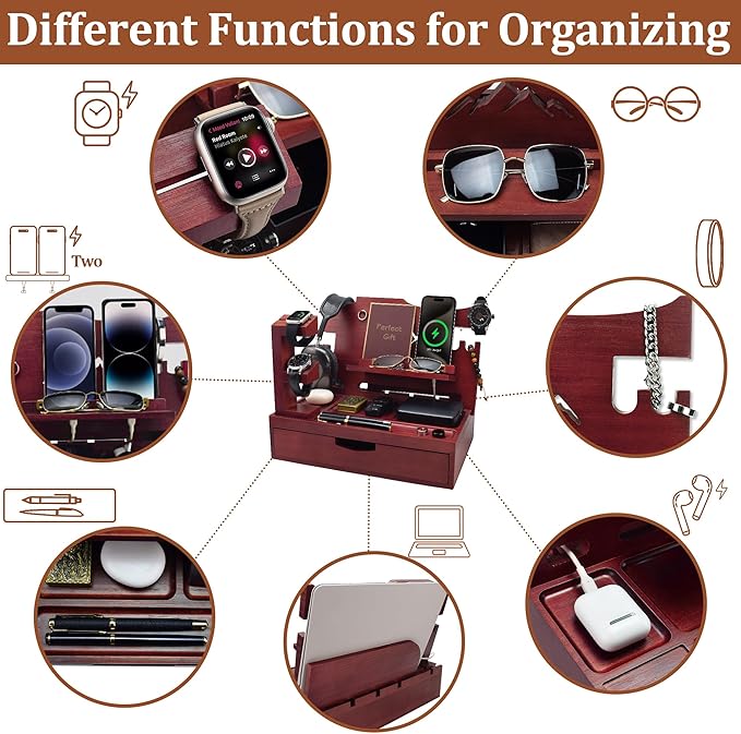Nightstand Organizer for Men with Large Drawer Wood Phone Docking Station for Phone Apple Watch Wallet &amp Keys Ideal Birthday Gift for Father Husband Bedside Desk Organizer (Mahogany)