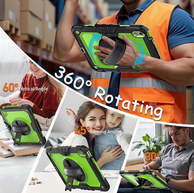 Weuiean Case for iPad A16 11th/10th Generation 11/10.9 Military-Grade Heavy-Duty Shockproof Cover with 360° Rotating Stand Built-in Pencil Holder &amp Adjustable Hand/Shoulder Strap - Green+Black