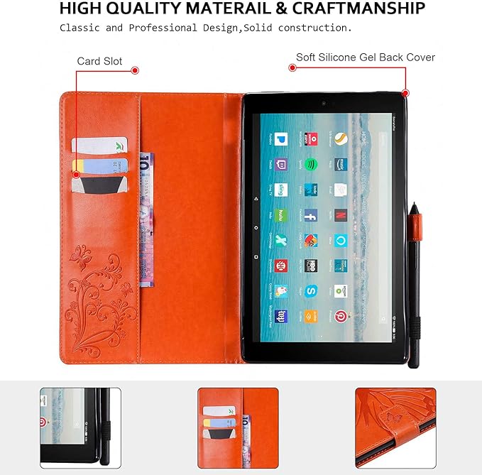 Wallet Case for Fire HD 10 (9th/7th/5th Generation 2019/2017/2015) Techcircle Butterflies Embossed Stand Folding Cover with Card/Cash Holder for Amazon Fire HD 10.1 Tablet Auto Sleep/Wake Orange