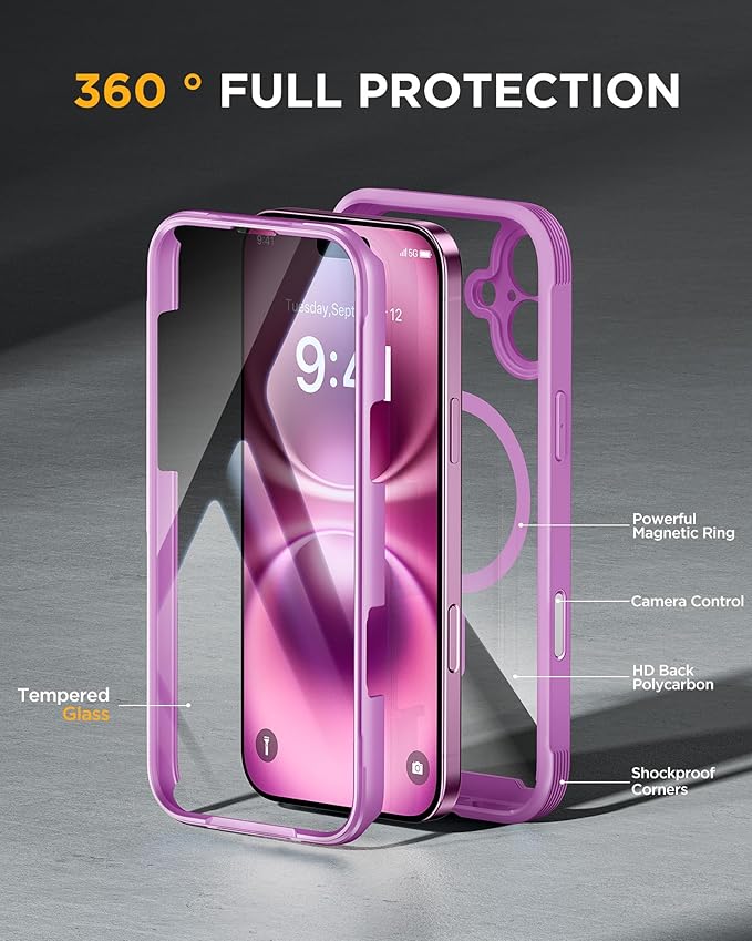 Miracase for iPhone 16 Case 6.1'' [Bubble Free] Full-Body Bumper Phone case with Built-in Full Glass Screen &ampCamera ControlNo GapCompatible with MagSafeDrop Proof 16 CoverPink