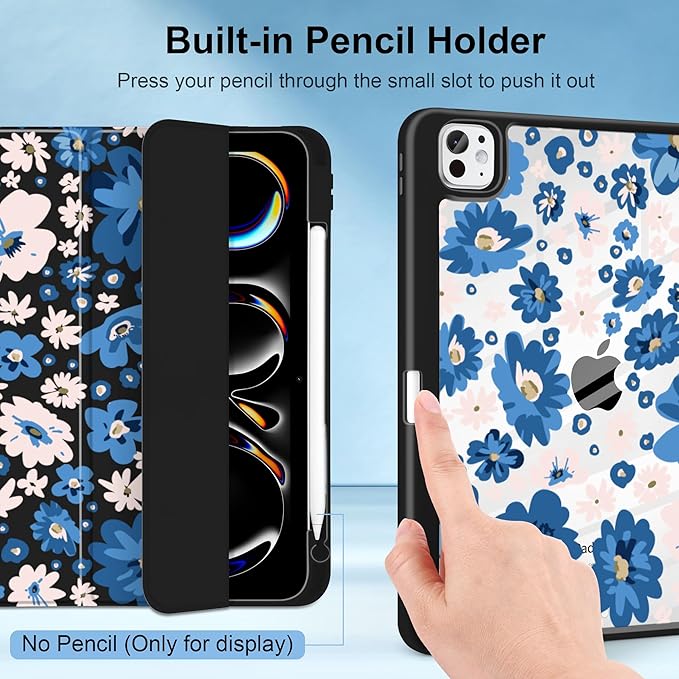 MecBevia Case for iPad Pro 11 inch M5 2025 / M4 2024 (6th/5th Gen) A3357 A3358 A3359 A2836 A2837 A3006 – Built-in Pencil Holder &amp Auto Wake/Sleep Summer Meadow