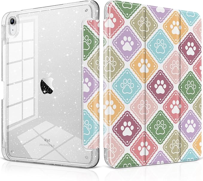 MEEgoodo Case for iPad A16 11th Generation 2025/10th Generation 2022 Glitter Tablet Cases with Transparent Acrylic Back+Trifold Stand +Pencil Holder+Auto Wake/SleepDog Paw &amp Checked