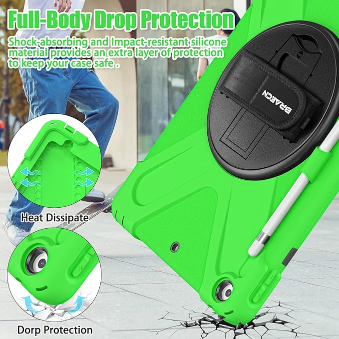 BRAECNstock for Apple iPad 9th/ 8th/ 7th Generation Case 10.2 2021/2020/2019 Shockproof Protective iPad 10.2 Kids Case with Screen Protector Pencil Holder Rotating Stand+Hand Strap Green