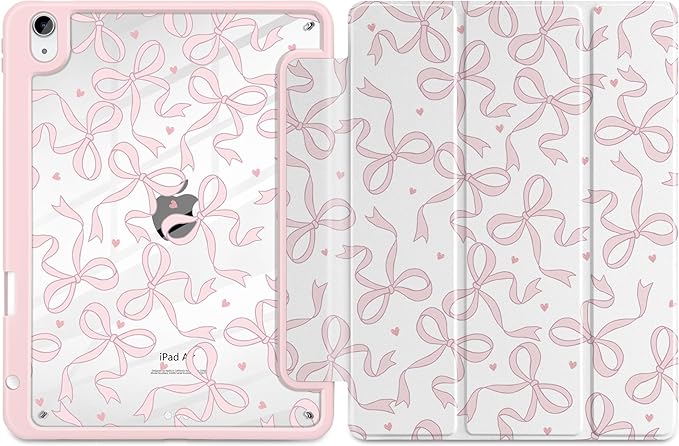 TWOLSKOO Case for iPad Air 11-inch (M4 2026 / M3 2025 / M2 2024) Clear Acrylic Back with TPU Bumper Pencil Holder Trifold Stand Auto Sleep/Wake Pink Bows
