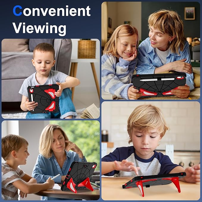 Kids Case for iPad 10th/11th Gen (10.9/11 Inch 2022/2025 A16) – Shockproof 360° Full-Body Protection Cover with Screen Protector Stand &amp Pencil Holder – Boys’ Anti-Drop Design-Black Red