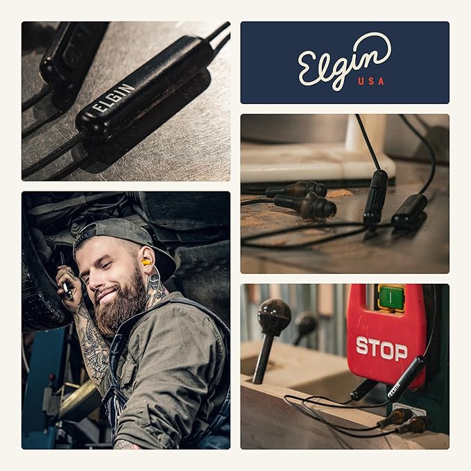 Elgin Ruckus Wireless Bluetooth Earplug Headphones 25 dB Noise Reduction Ear Plug Earbuds Noise Cancelling Mic 12 Hour Battery IP65 sweatproof OSHA Compliant Hearing Protection Work Safety