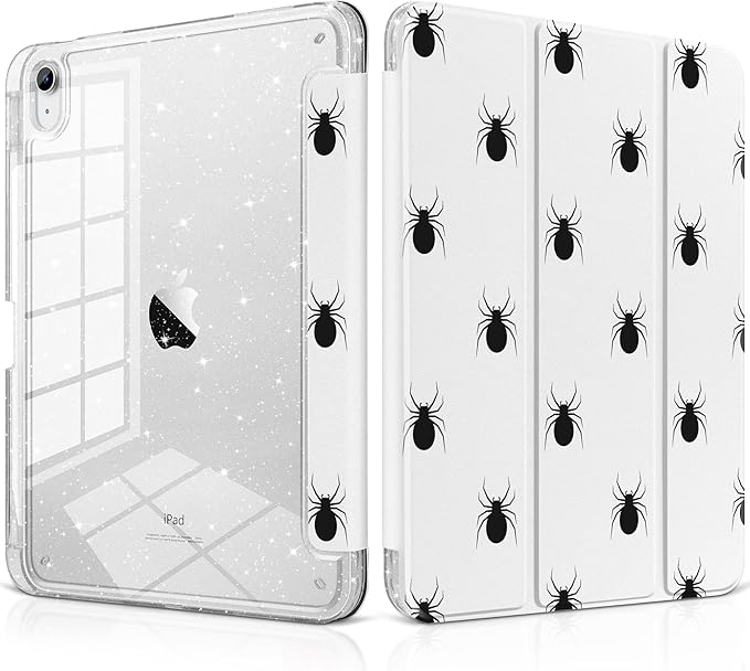 MEEgoodo Case for iPad A16 11th Generation 2025/10th Generation 2022 Glitter Tablet Cases with Transparent Acrylic Back+Trifold Stand +Pencil Holder+Auto Wake/SleepSpider Pattern