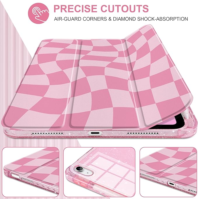 MEEgoodo Case for iPad A16 11th Generation 2025/10th Generation 2022 Glitter Tablet Cases with Transparent Acrylic Back+Trifold Stand +Pencil Holder+Auto Wake/SleepRomantic Pink Square