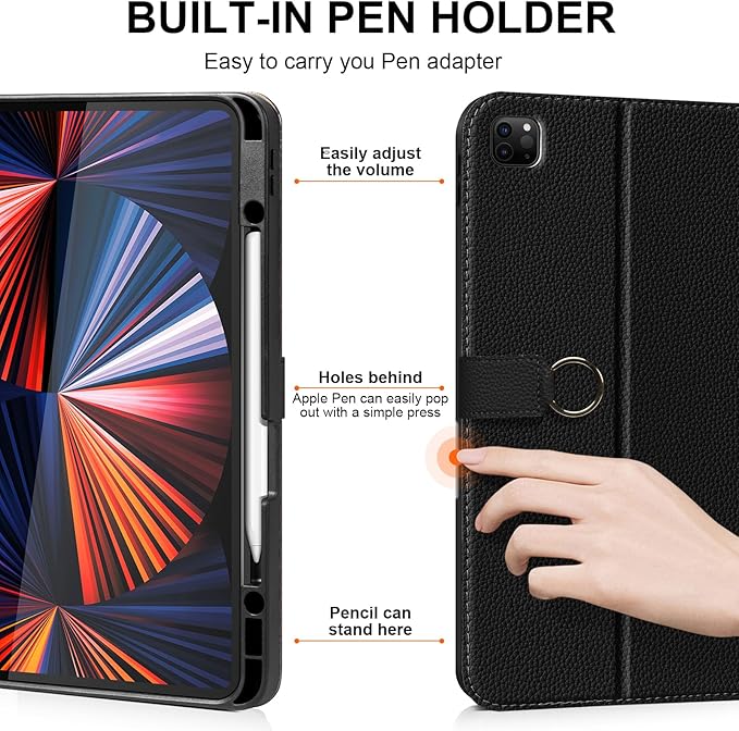 Premium Microfiber Leather Case for iPad Pro 12.9 (2018-2022 6th/5th/4th/3rd Gen) | Black with Zippered Pocket Buckle Pencil Holder Auto Wake/Sleep Multi StandBalck