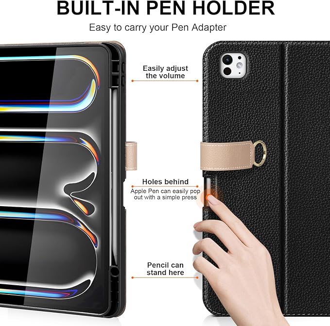 for iPad Pro 13 inch M4 Case 2024 Premium Microfiber Leather Protective Cover with Zipper Pocket Auto Wake/Sleep Multi-Angle Stand Pencil Holder for Model A2925 A2926 A3007 (Black/Grey)