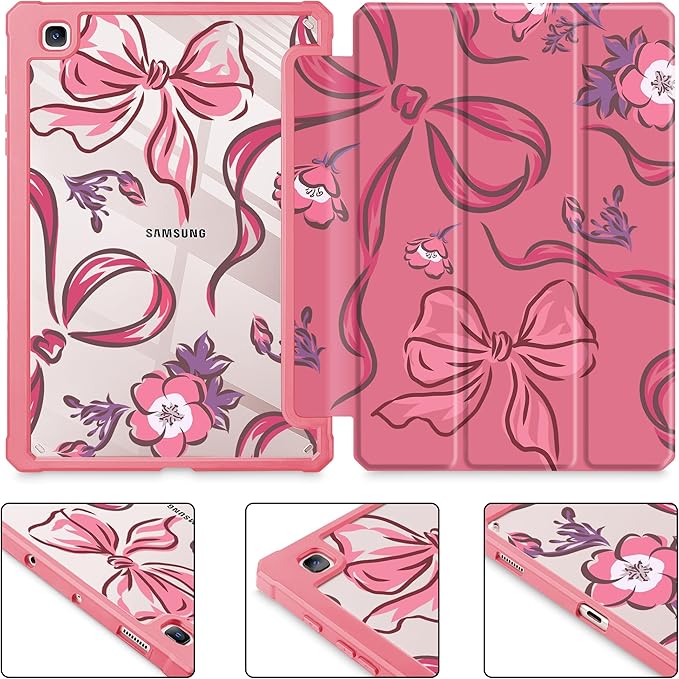 Mektron Case for Samsung Galaxy Tab S6 Lite 10.4 Inch 2024/2022/2020 with S Pen Holder Multi-Angle Viewing with Shockproof Cover Clear Shell + Trifold Stand + Auto Wake/Sleep Flowers-Bows-Red