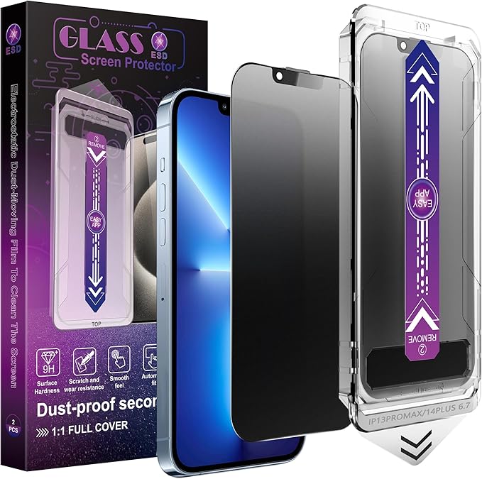 2 Pack Matte Privacy Screen Protector for iPhone 13 Pro Max/iPhone 14 Plus 9H Tempered Glass Full Coverage Anti-Fingerprint Auto Dust-Elimination No Bubble Easy Installation