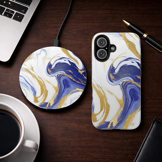 White & Blue with Golden Swirls