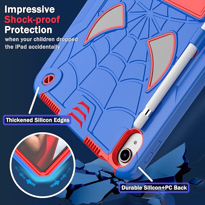 Dteck for iPad A16 Kids Case BoysCute Cartoon Spider Child Friendly Hard Kickstand Cover with Pencil Holder Shoulder Strap Shockproof Rugged Protective 10.9 10 Gen Cool CaseBlue/Red