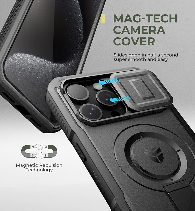 Dexnor for iPhone 15 Pro Max Case with Slide Camera Cover &amp Adjustable Kickstand &amp Built-in Screen Protector Magnetic Rugged Shockproof Bumper Cases Heavy-Duty Magnetic Protective CoverBlack